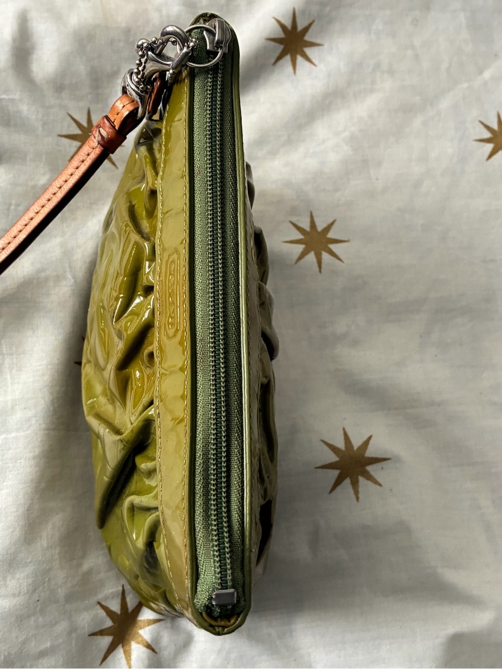 Coach Embossed Logo Patent Leather Wristlet Olive Green - Picture 7 of 14